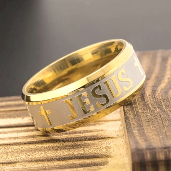 Gold Stainless Steel JESUS Insignia Emblem Embossed Engraved 8mm 8mm Band Ring - Picture 10 of 16